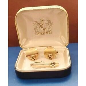 HTF Vtg Brent Gold Tone Cuff Links Lapel Tie Clip Snail Orb Details With Case